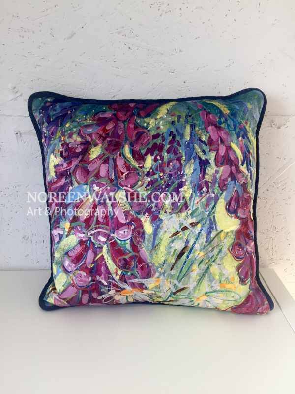 Summer, Foxgloves, Square Cushion, 45cm x 45cm, Velvet , with piping. Deep Navy backing