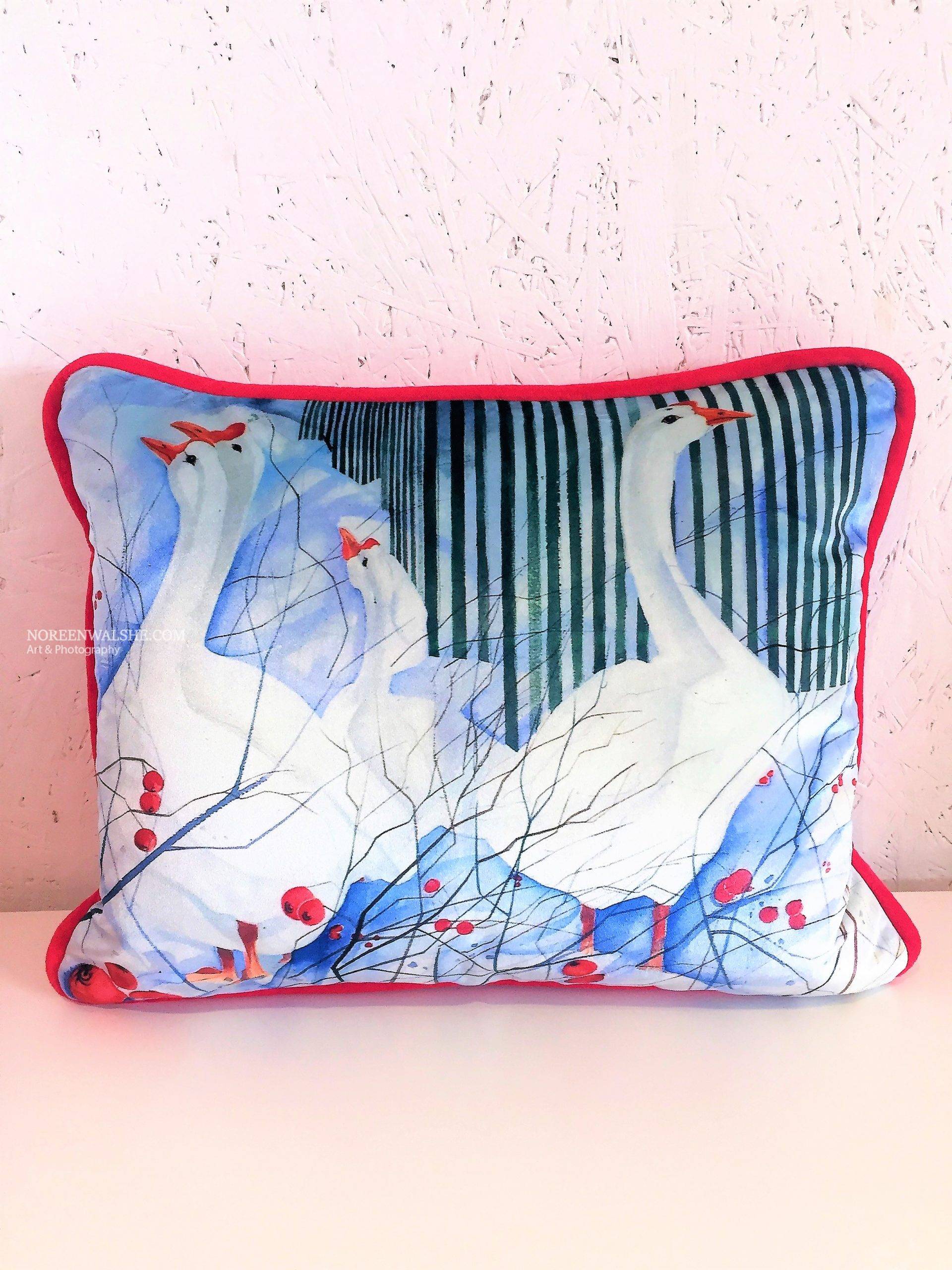 Geese and Tangleberries 1.Velvet Rectangular Cushion with piping, with red backing.€99.80 Just Cover. 90 with piping.90 with filling.99 with piping & filling