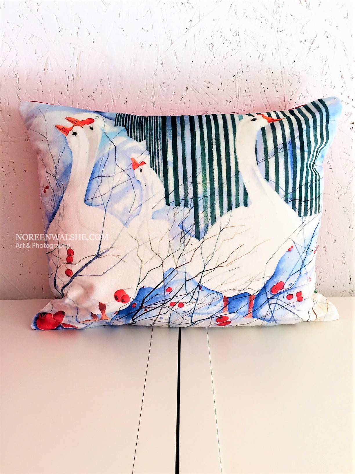 Geese and Tangleberries.Velvet rectangular Cushions,without piping. Red Backing.€90. 80 Just Cover. 90 with piping. 90 with filling. 99 with piping & filling