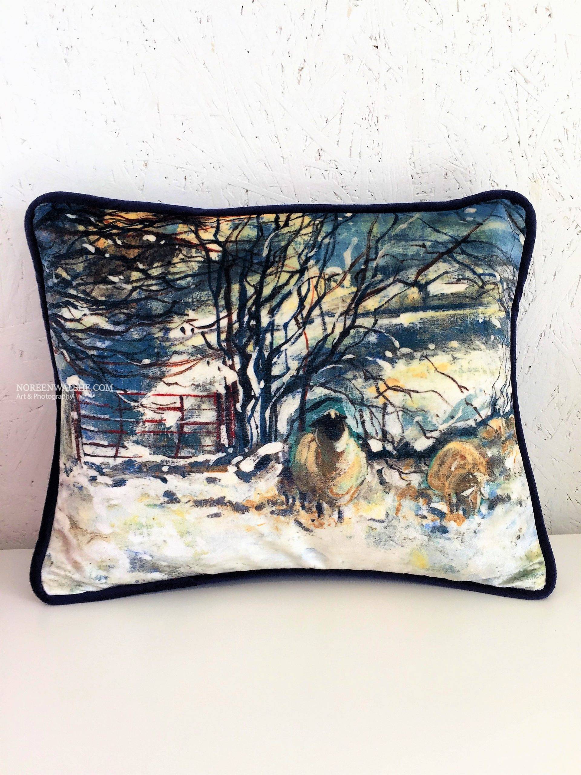 Sheep and Red Gate, Velvet Rectangular Cushion, with piping. Navy Backing.€99. 80 Just Cover. 90 with piping. 90 with filling. 99 with piping & filling.